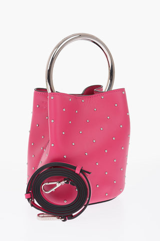 leather studded bucket bag with removable shoulder strap