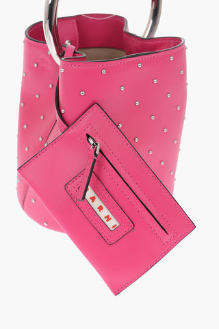 leather studded bucket bag with removable shoulder strap