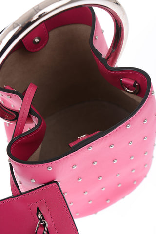 leather studded bucket bag with removable shoulder strap