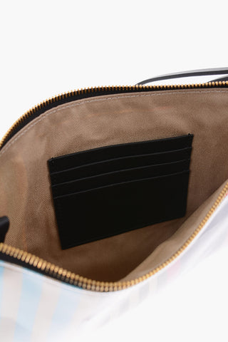 fabric pouch with leather trimmings