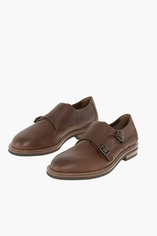 Textured Leather Derby Shoes with Buckles