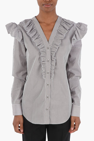 Pinstriped Tuxedo Shirt with Ruffles and Covered Buttons