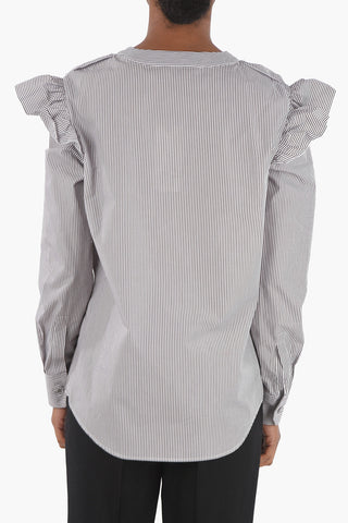Pinstriped Tuxedo Shirt with Ruffles and Covered Buttons