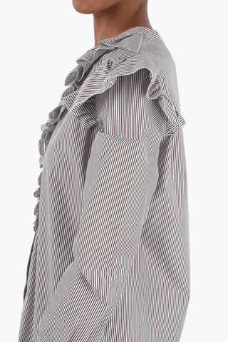 Pinstriped Tuxedo Shirt with Ruffles and Covered Buttons