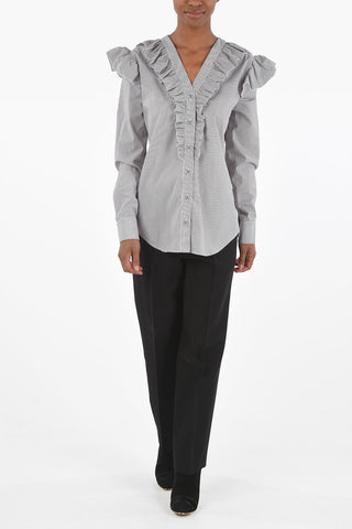 Pinstriped Tuxedo Shirt with Ruffles and Covered Buttons