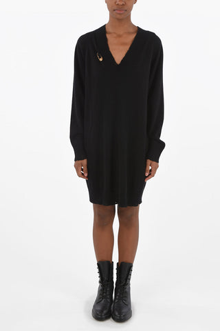 V Neck Worn Effect Cashmere Blend Short Dress