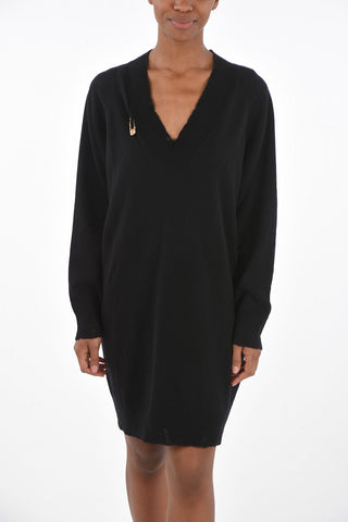 V Neck Worn Effect Cashmere Blend Short Dress