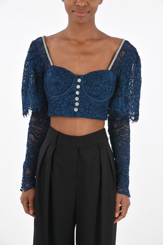 Top in Pizzo a Maniche Lunghe con Strass e Bottoni Gioiello