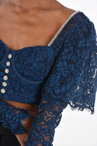 Top in Pizzo a Maniche Lunghe con Strass e Bottoni Gioiello