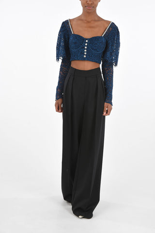 Top in Pizzo a Maniche Lunghe con Strass e Bottoni Gioiello