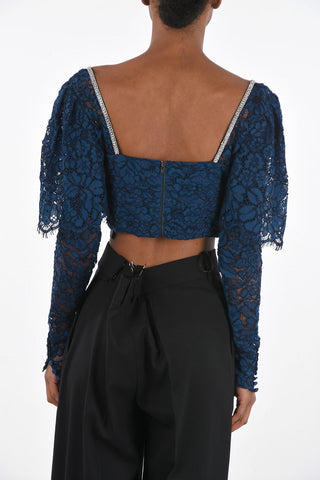 Top in Pizzo a Maniche Lunghe con Strass e Bottoni Gioiello