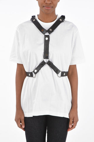 T-Shirt Girocollo in Cotone con Imbracatura in Ecopelle