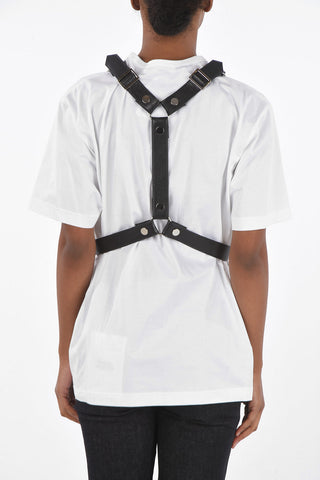 T-Shirt Girocollo in Cotone con Imbracatura in Ecopelle