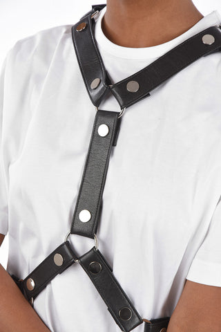 T-Shirt Girocollo in Cotone con Imbracatura in Ecopelle