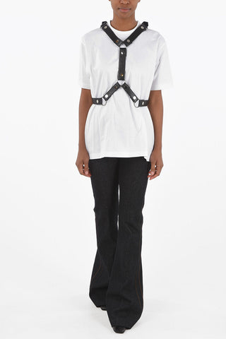 T-Shirt Girocollo in Cotone con Imbracatura in Ecopelle