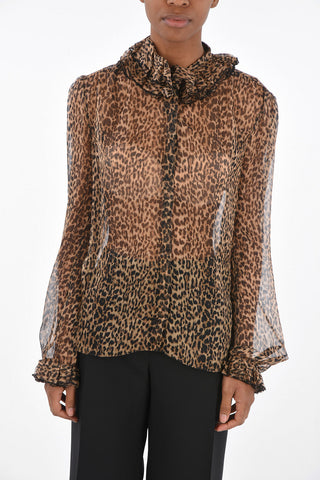 Leopard Patterned Shirt with Ruffle Neck
