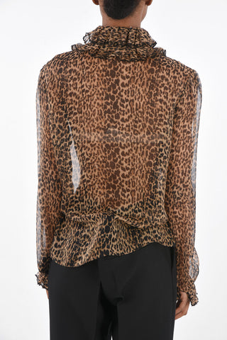 Leopard Patterned Shirt with Ruffle Neck