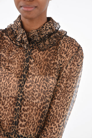 Leopard Patterned Shirt with Ruffle Neck