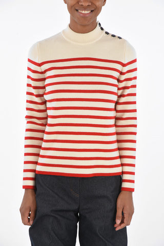 Crew Neck Striped Sweater with Shoulder Buttoning