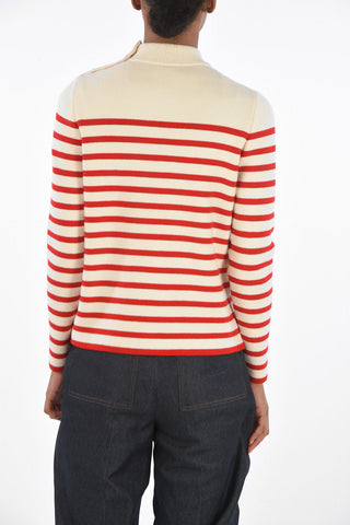 Crew Neck Striped Sweater with Shoulder Buttoning