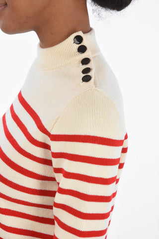 Crew Neck Striped Sweater with Shoulder Buttoning