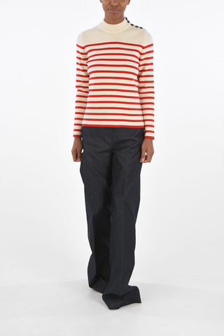 Crew Neck Striped Sweater with Shoulder Buttoning
