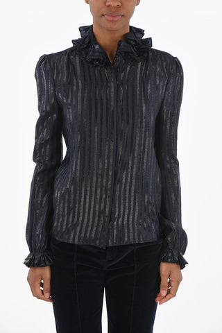 Camicia Gessata in Lurex con Collo e Maniche Arricciati