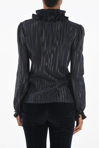 Camicia Gessata in Lurex con Collo e Maniche Arricciati