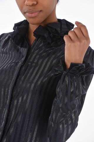 Camicia Gessata in Lurex con Collo e Maniche Arricciati