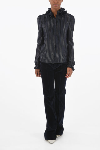 Camicia Gessata in Lurex con Collo e Maniche Arricciati