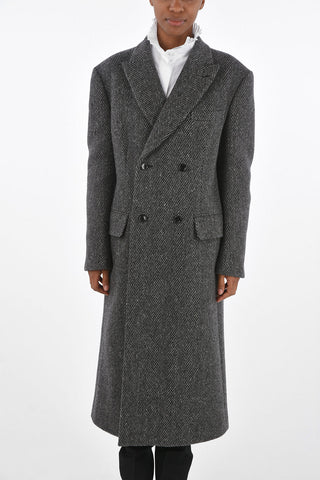 Double-breasted Herringbone Coat with Peak Lapel