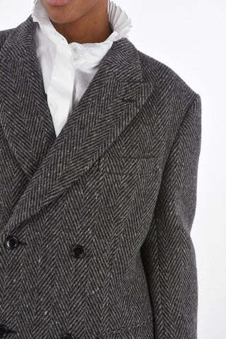 Double-breasted Herringbone Coat with Peak Lapel