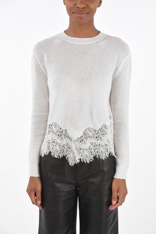 Crew Neck Cashmere Sweater with Lace Hem