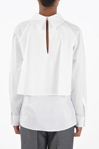 Blusa in Cotone con Collo Invertito e Ricamo Floreale
