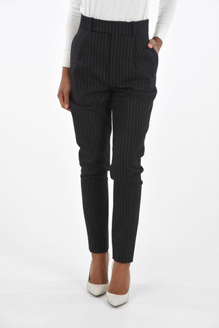 High-waisted Pinstriped Wool Pants with Hidden Fastening