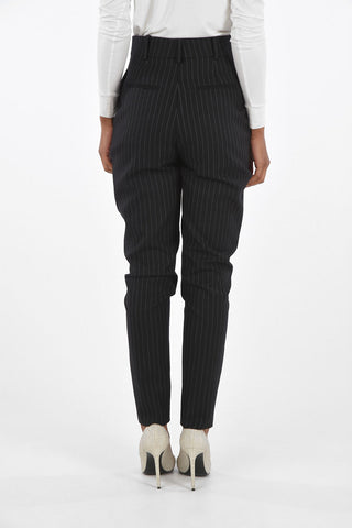 High-waisted Pinstriped Wool Pants with Hidden Fastening