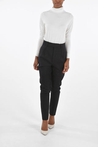High-waisted Pinstriped Wool Pants with Hidden Fastening