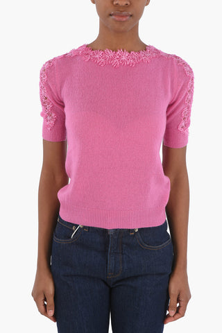 Boat Neck Short-sleeved Cashmere Sweater with Lace Details