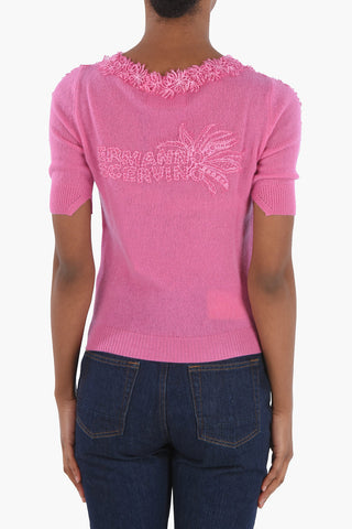 Boat Neck Short-sleeved Cashmere Sweater with Lace Details