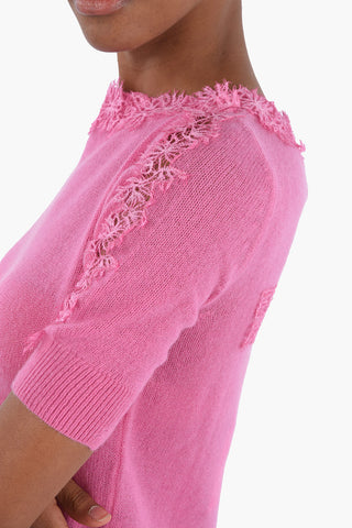 Boat Neck Short-sleeved Cashmere Sweater with Lace Details