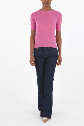 Boat Neck Short-sleeved Cashmere Sweater with Lace Details