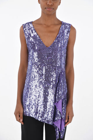 All-Over Sequined GOTIT Sleeveless Top with Draped Split