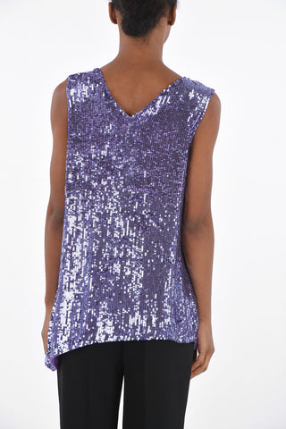 All-Over Sequined GOTIT Sleeveless Top with Draped Split