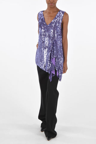 All-Over Sequined GOTIT Sleeveless Top with Draped Split