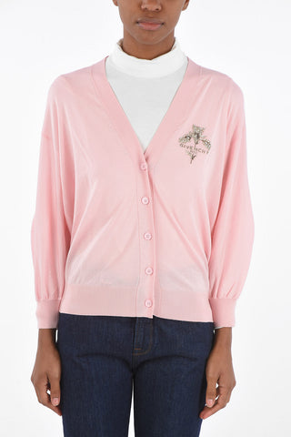 3/4-sleeved Wool Blend Cardigan with Beads Embroidery