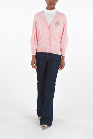3/4-sleeved Wool Blend Cardigan with Beads Embroidery