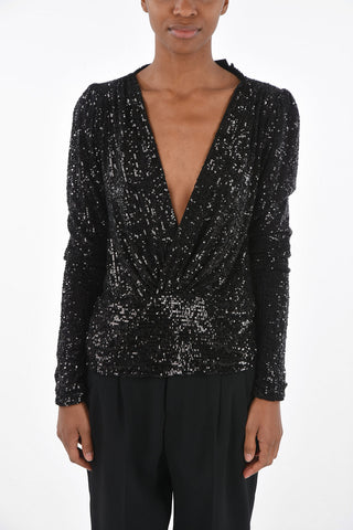 Long-sleeved V Neck Sequinned T-Shirt