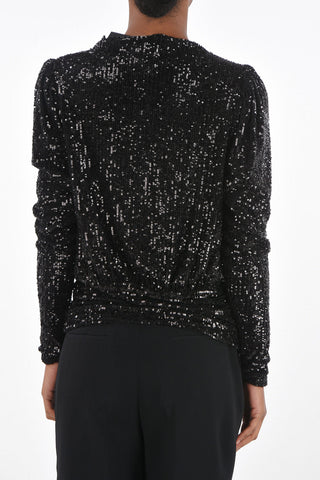 Long-sleeved V Neck Sequinned T-Shirt