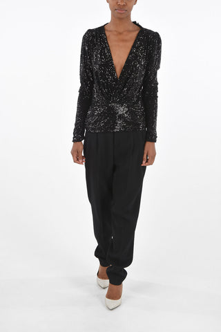 Long-sleeved V Neck Sequinned T-Shirt