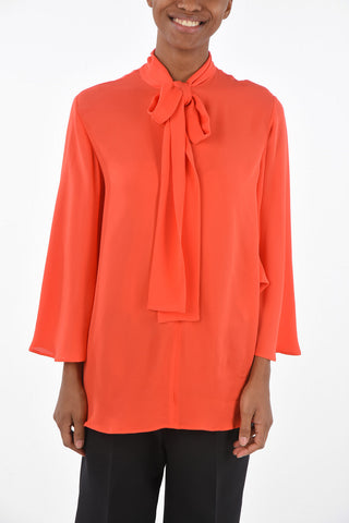 Tie Neck Silk Blouse with Butterfly Sleeves